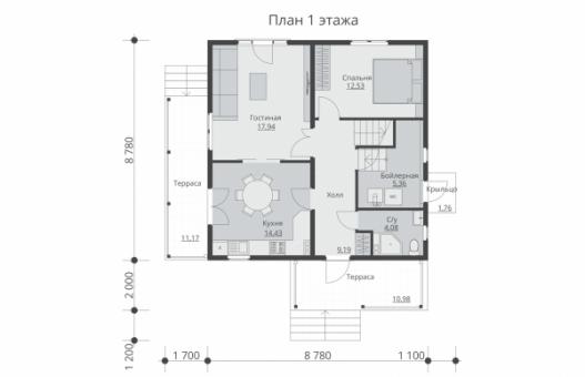 Проект двухэтажного жилого дома с террасами